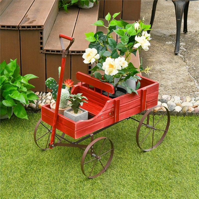 Pemberly Row Contemporary Garden Plant Wooden Wagon Planter W/ Wheel Red