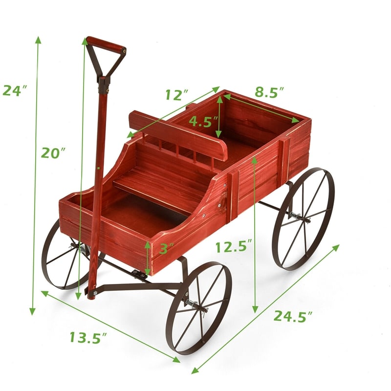 Pemberly Row Contemporary Garden Plant Wooden Wagon Planter W/ Wheel Red