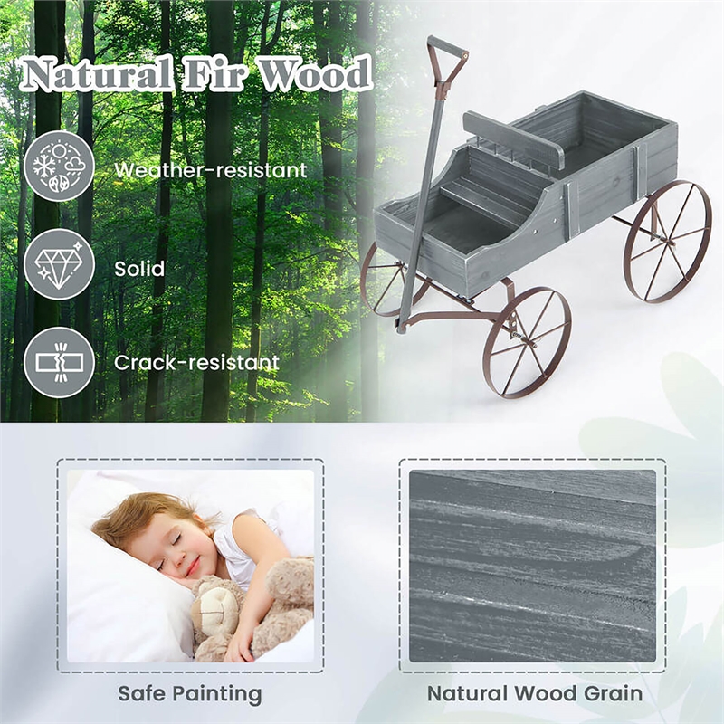 Pemberly Row Garden Plant Wooden Wagon Planter W/ Wheel Gray