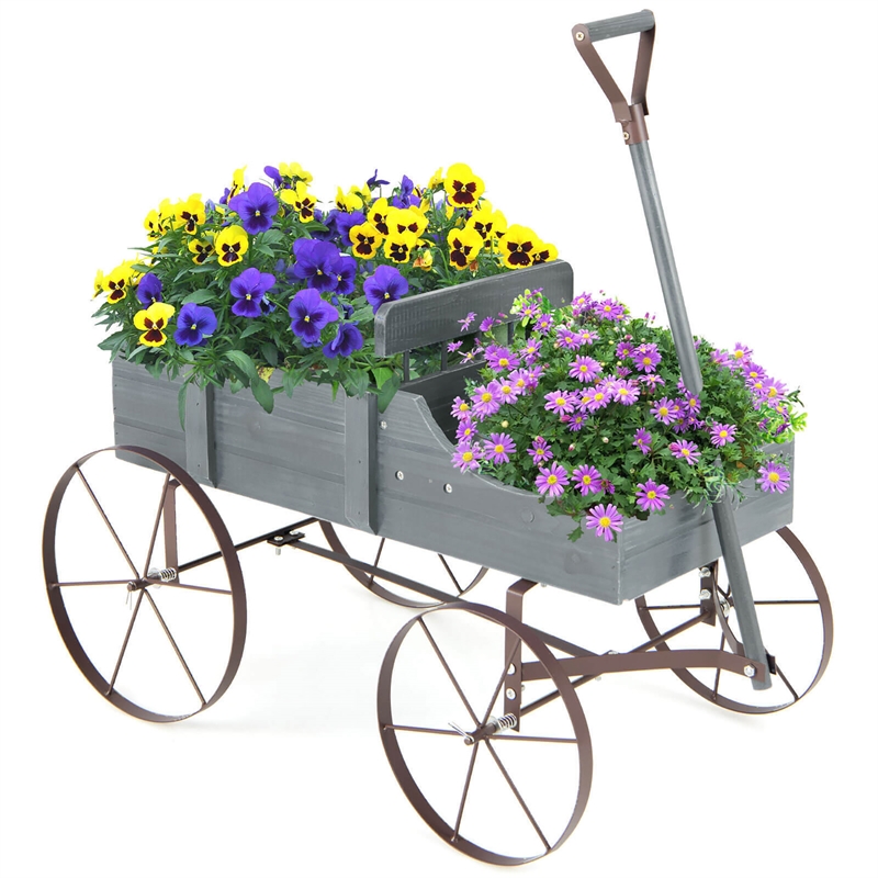 Pemberly Row Garden Plant Wooden Wagon Planter W/ Wheel Gray