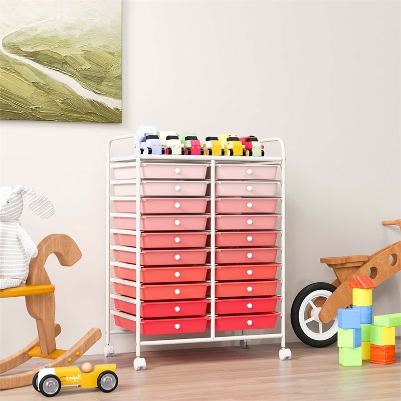 Pemberly Row 20 Drawers Rolling Cart Storage Studio Organizer Bins Pink