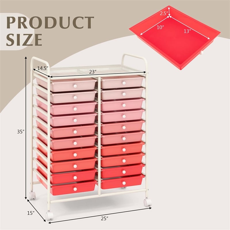 Pemberly Row 20 Drawers Rolling Cart Storage Studio Organizer Bins Pink