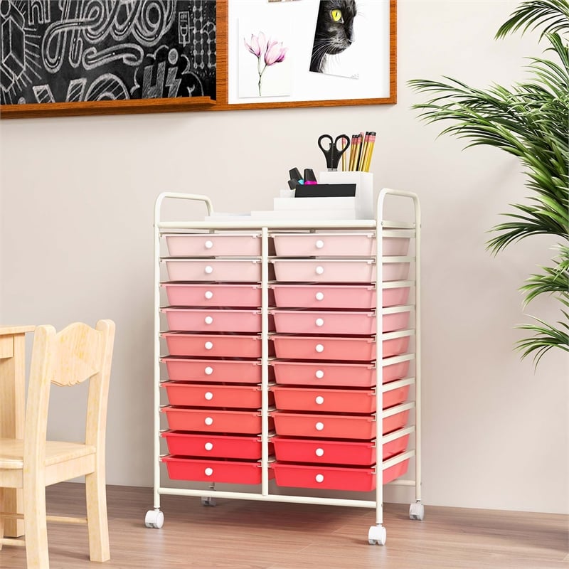 Pemberly Row 20 Drawers Rolling Cart Storage Studio Organizer Bins Pink