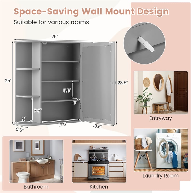 Pemberly Row Mount Wall Surface Bathroom Storage Cabinet Mirror Gray