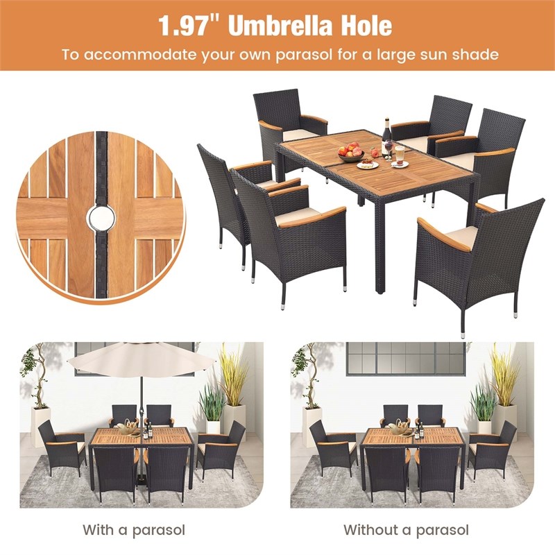 Pemberly Row 7 PCS Outdoor Dining Set with Umbrella Hole Brown Natural