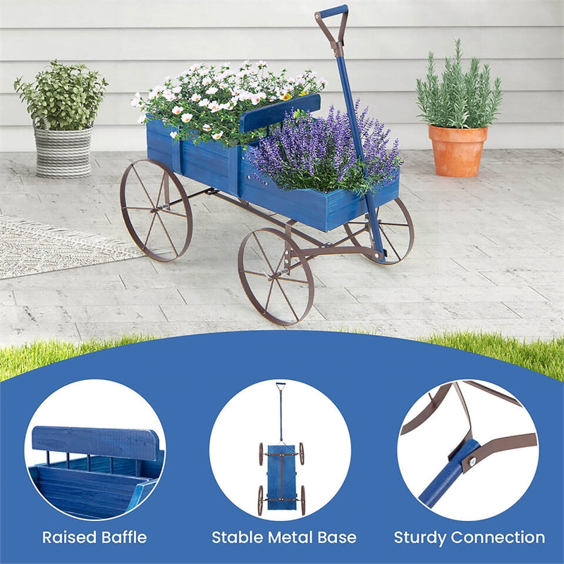 Pemberly Row Garden Plant Planter Wooden Wagon Planter W/ Wheel Blue