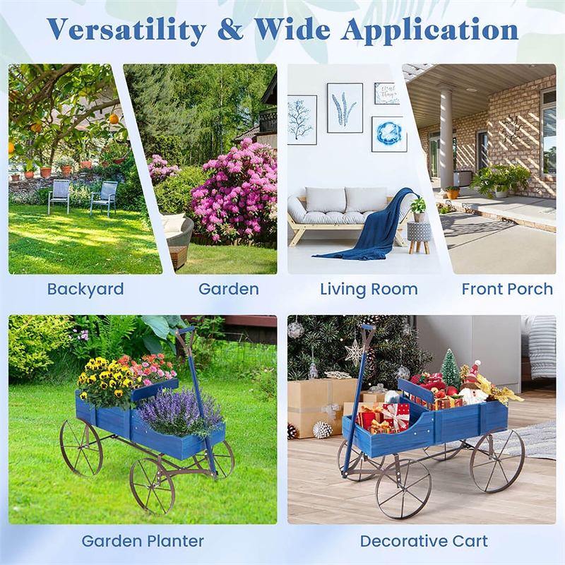 Pemberly Row Garden Plant Planter Wooden Wagon Planter W/ Wheel Blue