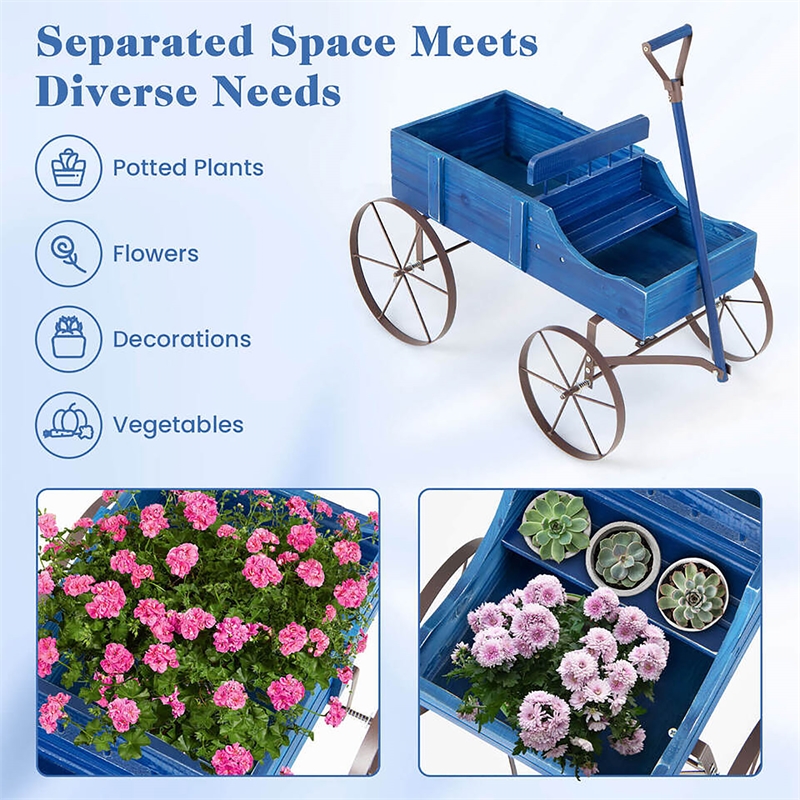 Pemberly Row Garden Plant Planter Wooden Wagon Planter W/ Wheel Blue