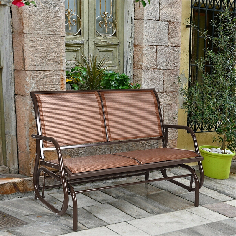 Pemberly Row Patio Swing Glider Bench Loveseat Rocking Chair Brown
