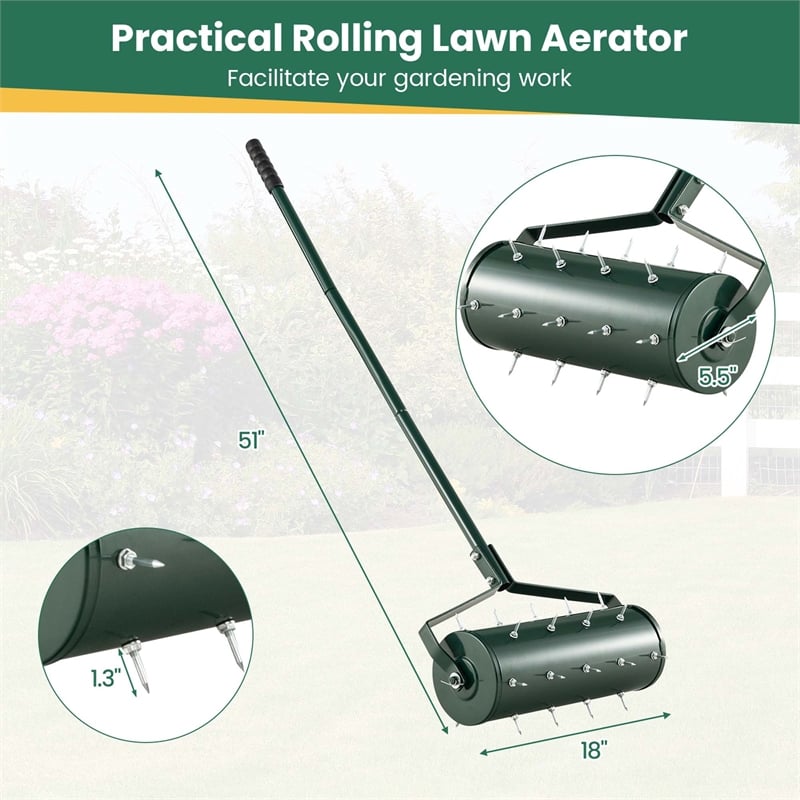 Pemberly Row 18 inch Manual Lawn Aerator Heavy Duty Rolling Grass Green