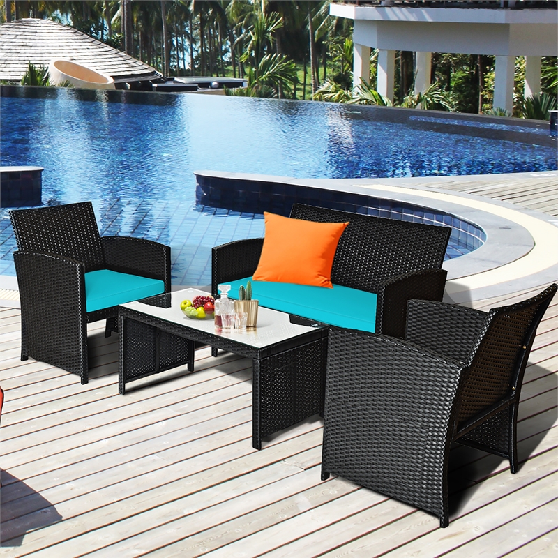 Pemberly Row 4PCS Patio Rattan Furniture Conversation Set Garden Turquoise