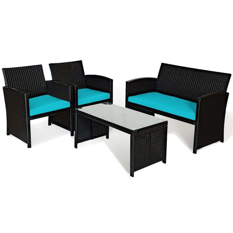 Pemberly Row 4PCS Patio Rattan Furniture Conversation Set Garden Turquoise