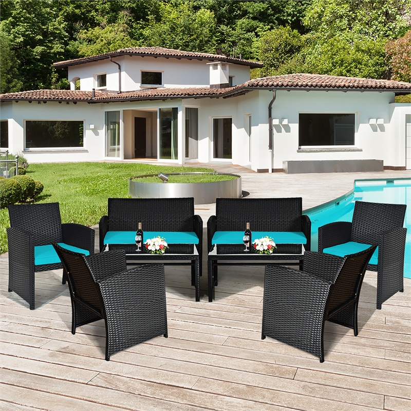 Pemberly Row 8PCS Patio Rattan Furniture Conversation Set Garden Turquoise
