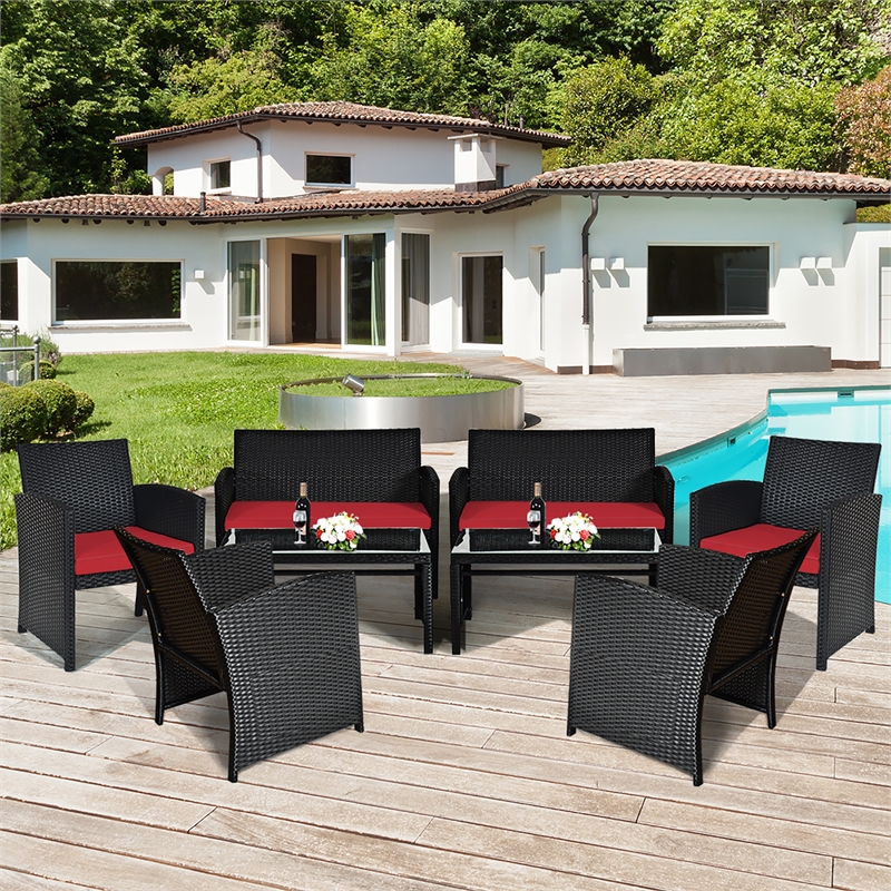 Pemberly Row 8PCS Patio Rattan Furniture Conversation Set Garden Red