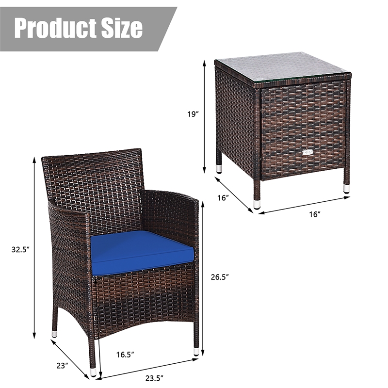 Pemberly Row Outdoor 3 PCS Rattan Wicker Furniture Sets Navy