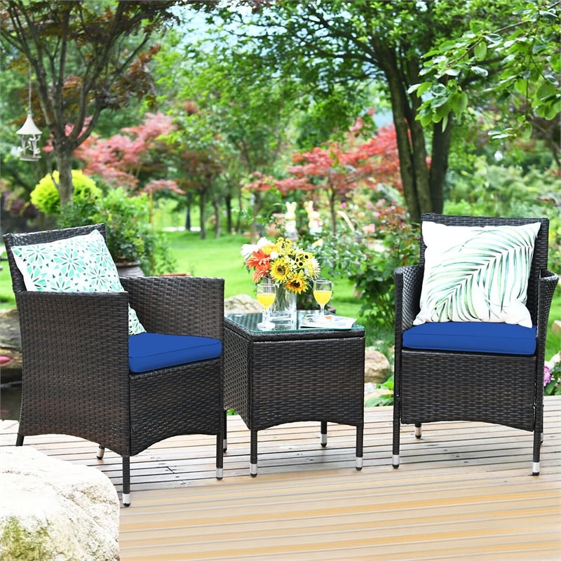 Pemberly Row Outdoor 3 PCS Rattan Wicker Furniture Sets Navy