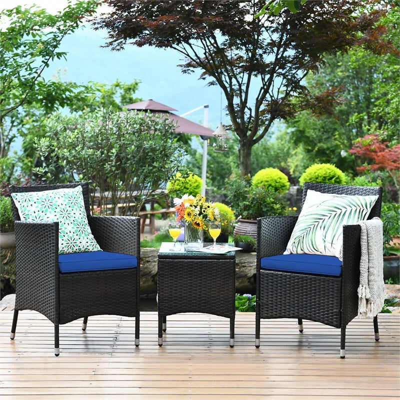 Pemberly Row Outdoor 3 PCS Rattan Wicker Furniture Sets Navy