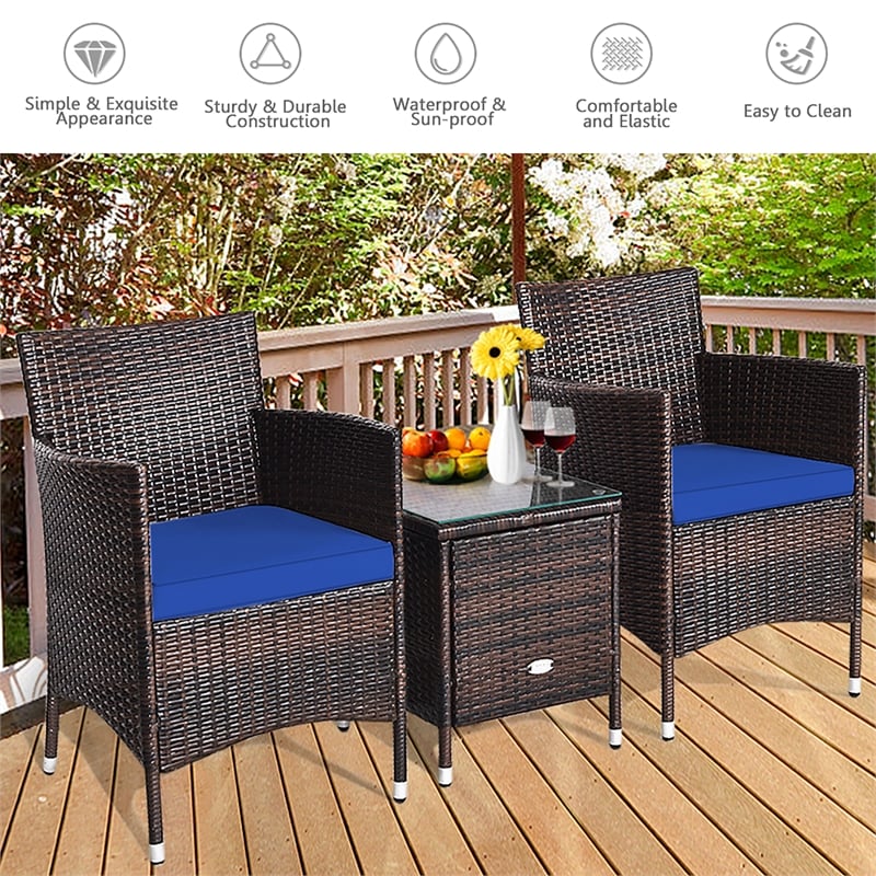 Pemberly Row Outdoor 3 PCS Rattan Wicker Furniture Sets Navy