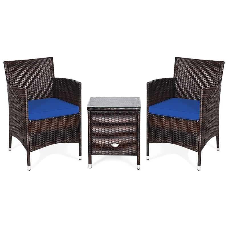 Pemberly Row Outdoor 3 PCS Rattan Wicker Furniture Sets Navy