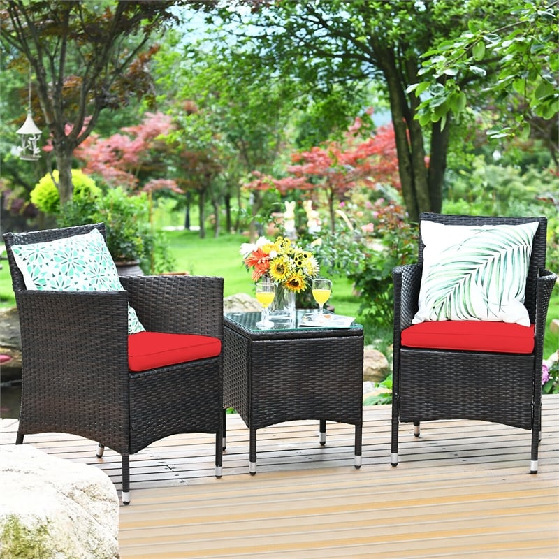 Pemberly Row Contemporary Outdoor 3 PCS Rattan Wicker Furniture Sets Red