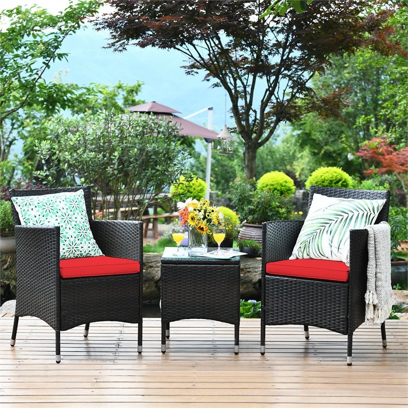 Pemberly Row Contemporary Outdoor 3 PCS Rattan Wicker Furniture Sets Red
