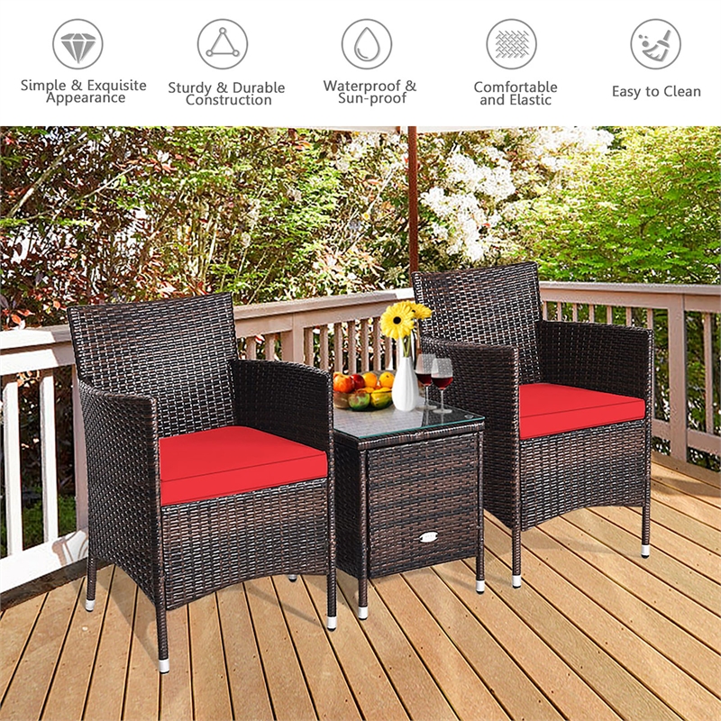 Pemberly Row Contemporary Outdoor 3 PCS Rattan Wicker Furniture Sets Red