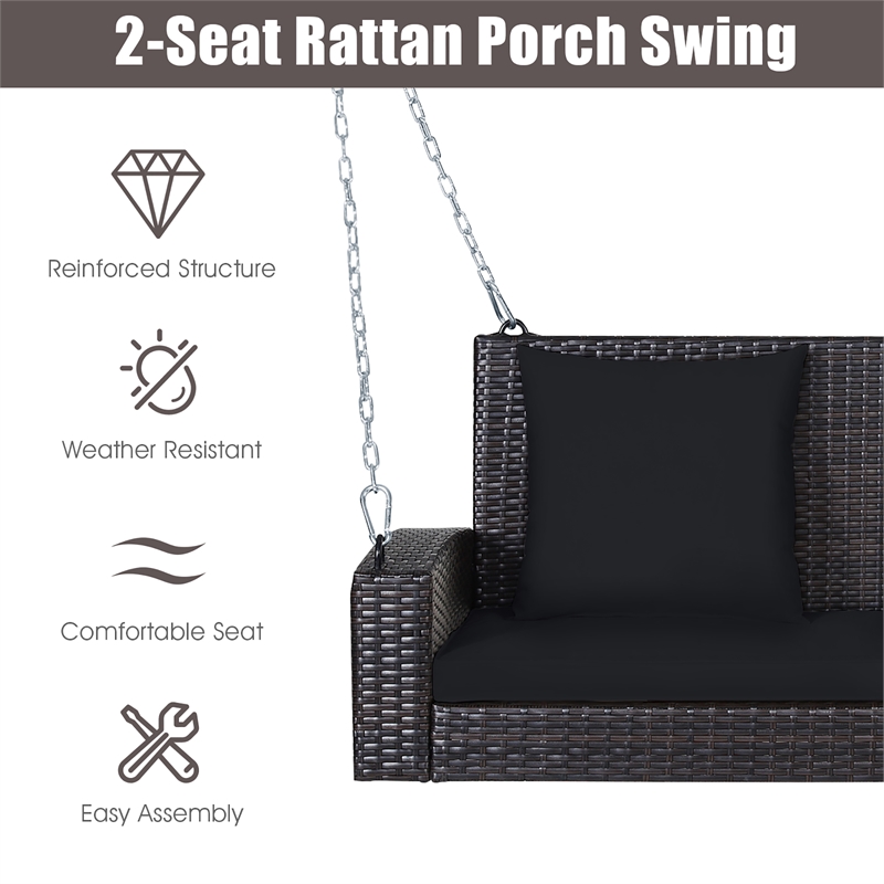 Pemberly Row 2 Person Patio Rattan Hanging Porch Swing Bench Chair Black