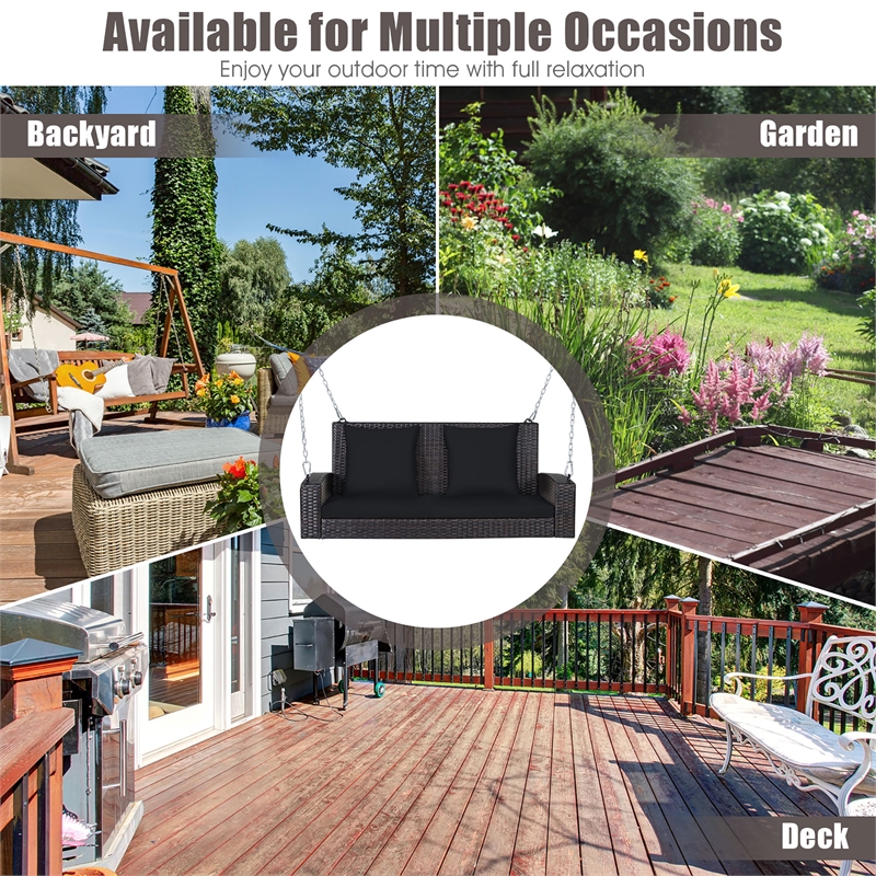 Pemberly Row 2 Person Patio Rattan Hanging Porch Swing Bench Chair Black