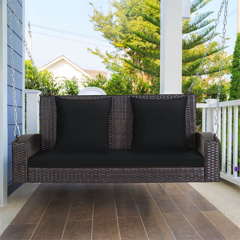 Pemberly Row 2 Person Patio Rattan Hanging Porch Swing Bench Chair Black