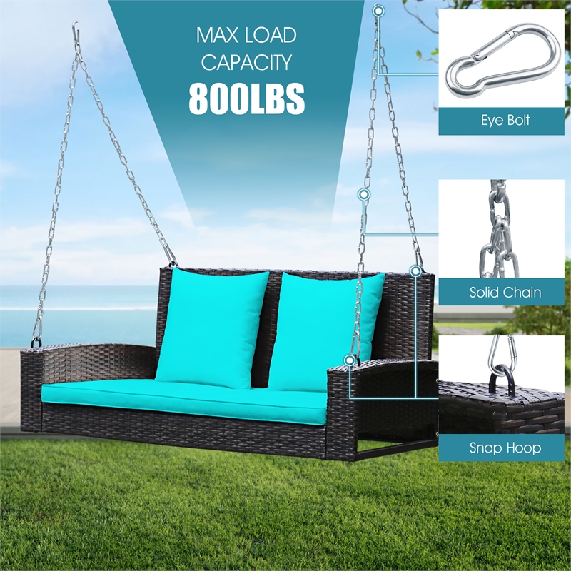 Pemberly Row 2 Person Patio Rattan Hanging Porch Swing Bench Chair Turquoise