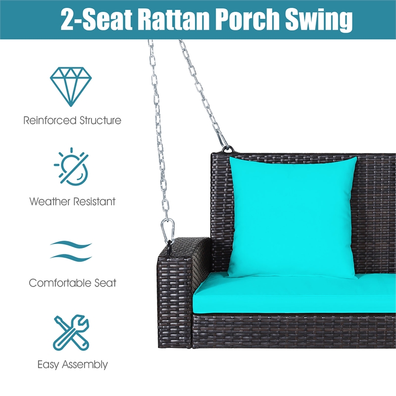 Pemberly Row 2 Person Patio Rattan Hanging Porch Swing Bench Chair Turquoise