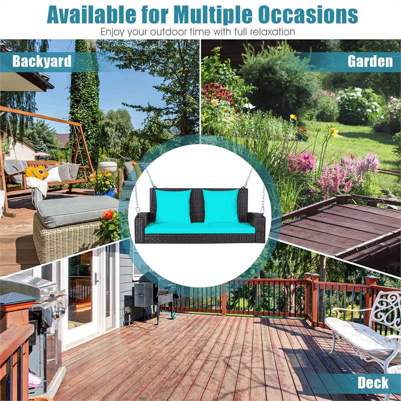 Pemberly Row 2 Person Patio Rattan Hanging Porch Swing Bench Chair Turquoise