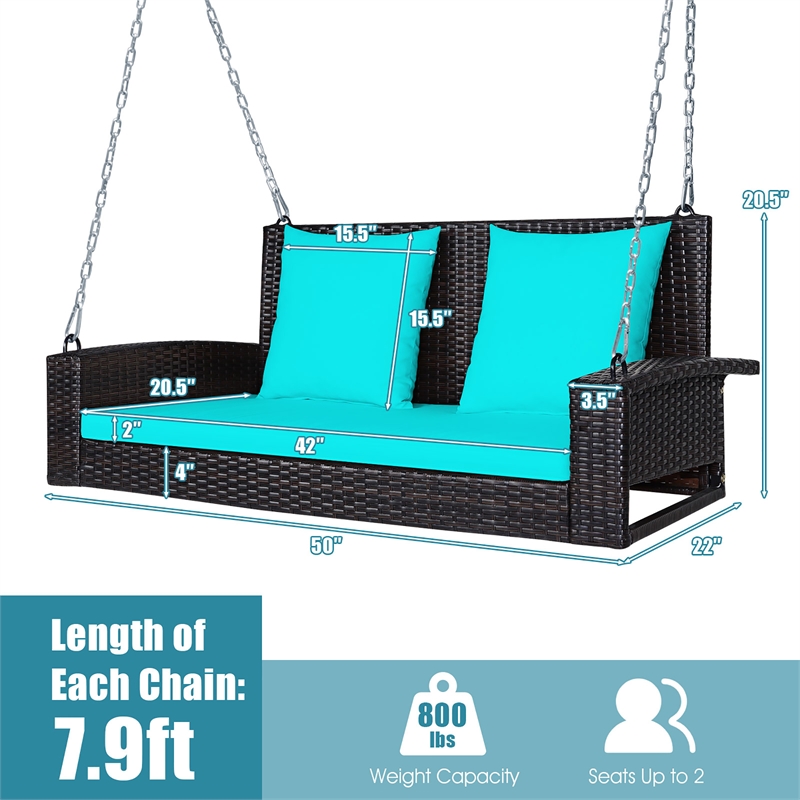 Pemberly Row 2 Person Patio Rattan Hanging Porch Swing Bench Chair Turquoise