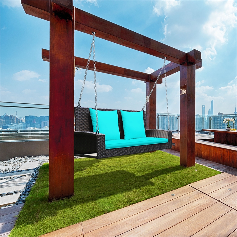 Pemberly Row 2 Person Patio Rattan Hanging Porch Swing Bench Chair Turquoise