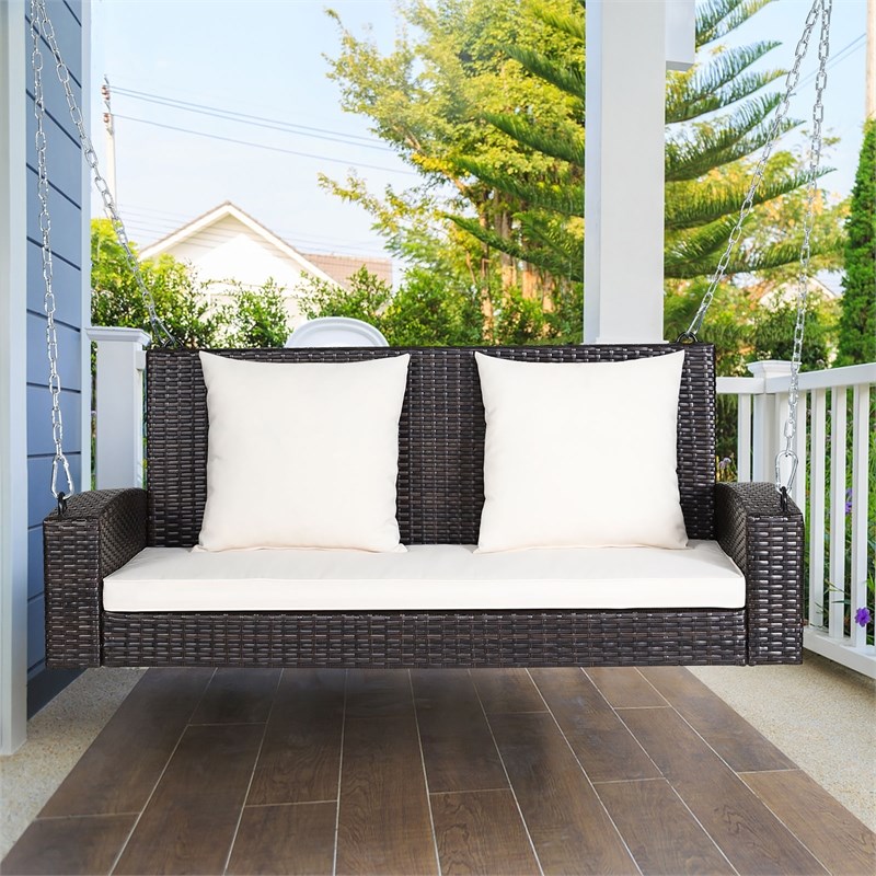 Pemberly Row 2 Person Patio Rattan Hanging Porch Swing Bench Chair Beige