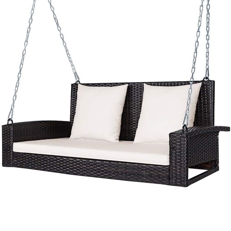 Pemberly Row 2 Person Patio Rattan Hanging Porch Swing Bench Chair Beige