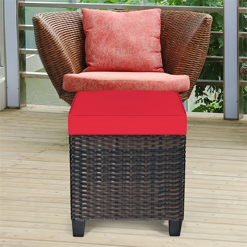Pemberly Row 2PCS Patio Rattan Ottoman Cushioned Seat Foot Rest Red
