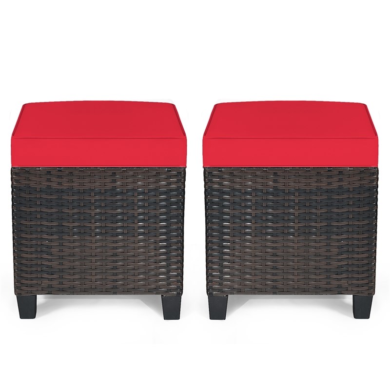Pemberly Row 2PCS Patio Rattan Ottoman Cushioned Seat Foot Rest Red