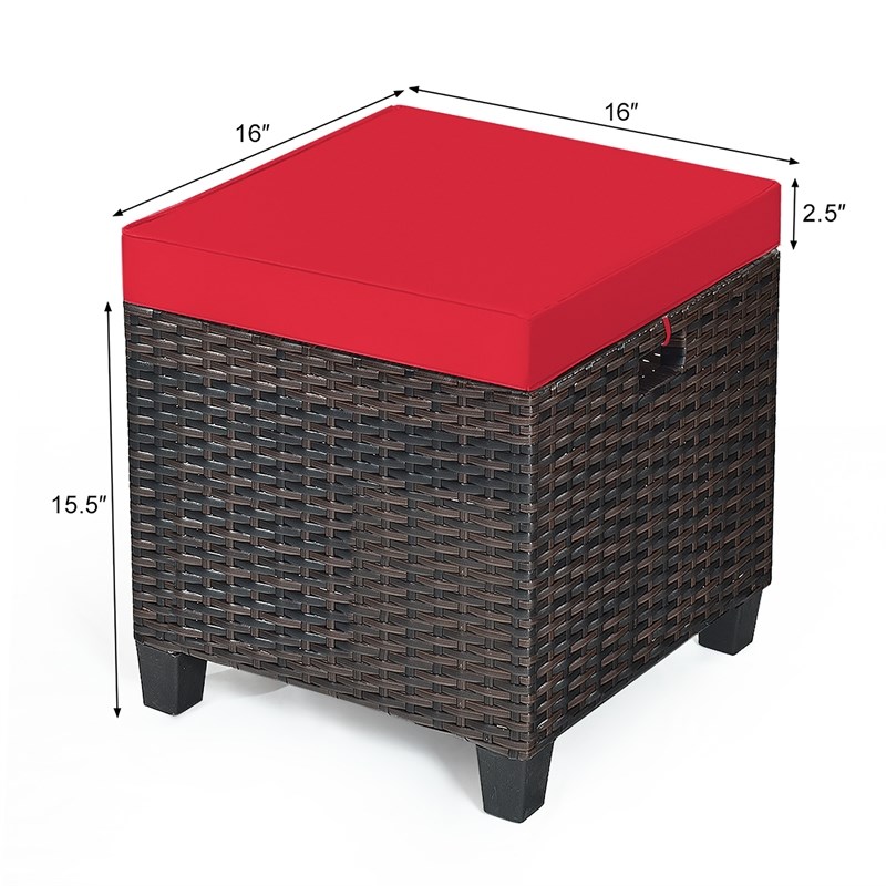 Pemberly Row 2PCS Patio Rattan Ottoman Cushioned Seat Foot Rest Red