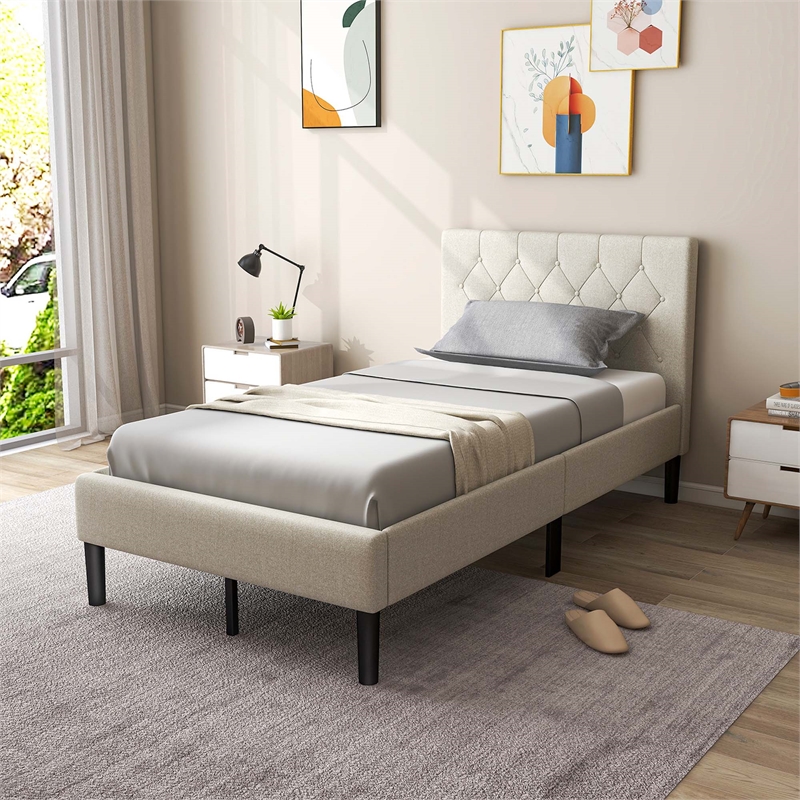 Pemberly Row Wooden Upholstered Bed Twin Size Button Tufted Beige
