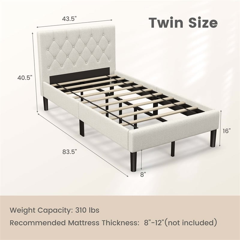 Pemberly Row Wooden Upholstered Bed Twin Size Button Tufted Beige
