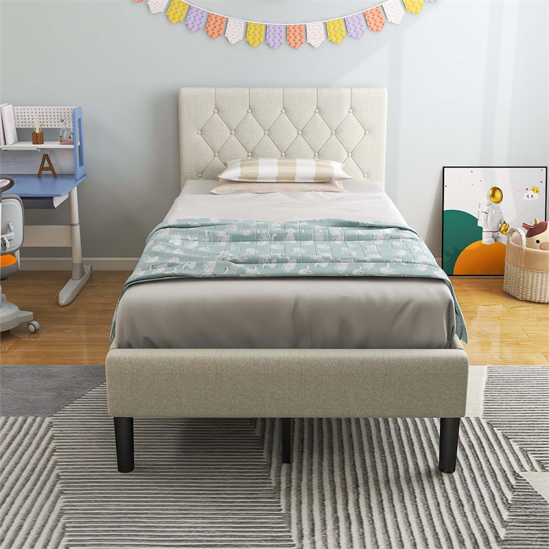 Pemberly Row Wooden Upholstered Bed Twin Size Button Tufted Beige