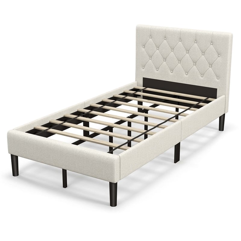 Pemberly Row Wooden Upholstered Bed Twin Size Button Tufted Beige