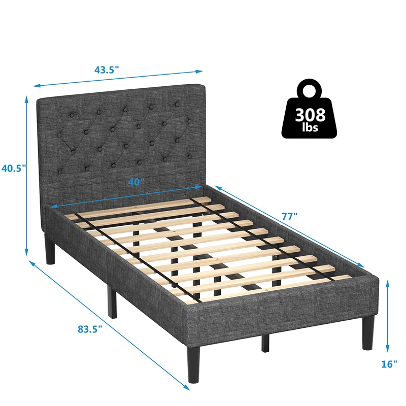 Pemberly Row Wooden Upholstered Bed Twin Size Button Tufted Gray
