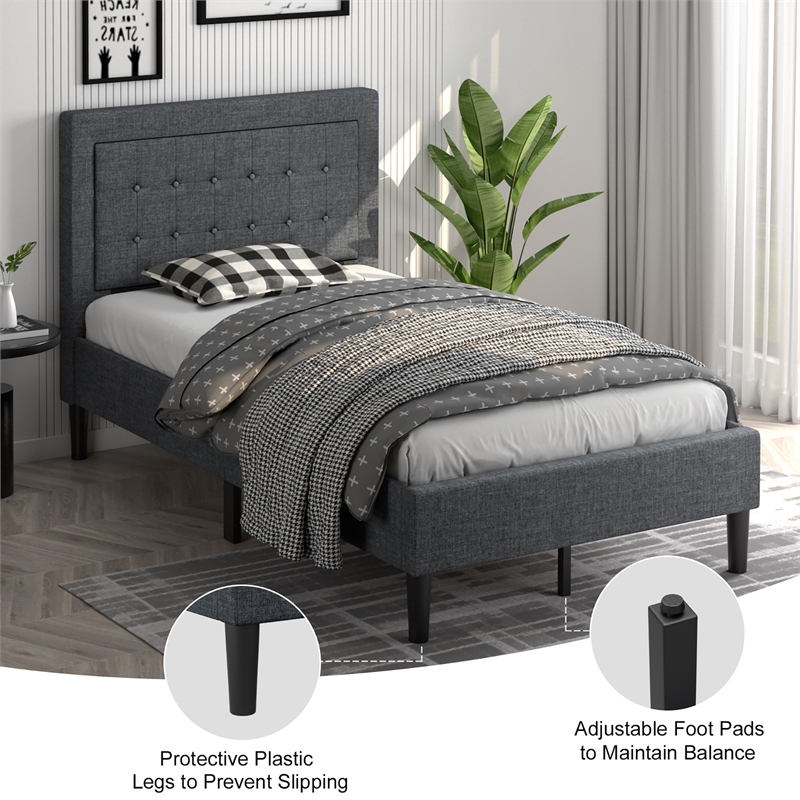 Pemberly Row Twin Size Upholstered Bed Frame Button Tufted Foundation Gray