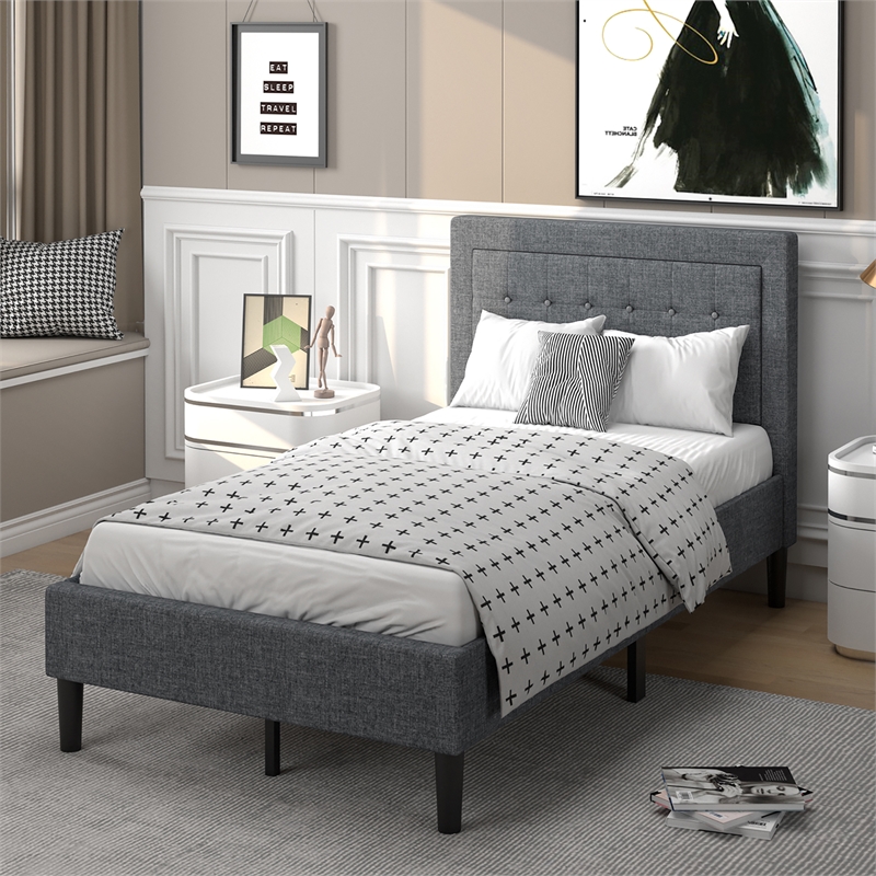 Pemberly Row Twin Size Upholstered Bed Frame Button Tufted Foundation Gray