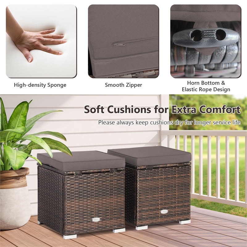 Pemberly Row 2PCS Patio Rattan Ottoman Seat Storage Box Gray