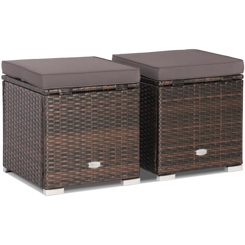 Pemberly Row 2PCS Patio Rattan Ottoman Seat Storage Box Gray