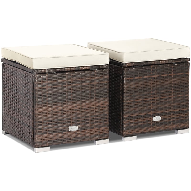 Pemberly Row 2PCS Patio Rattan Ottoman Seat Storage Box off White