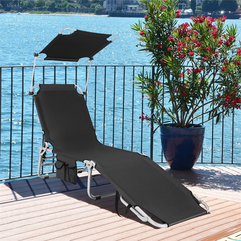 Pemberly Row Foldable Sun Shading Lounge Chair Adjustable Beach Recliner Black